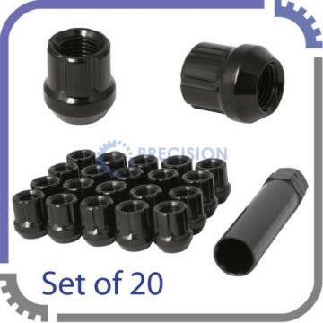 20pc 12x1.25 Spline Lug Nuts w/ Locking Key | Cone Seat | Short Open End | Black