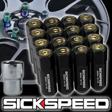 16 BLACK/24K GOLD CAPPED ALUMINUM 60MM EXTENDED TUNER LUG NUTS WHEELS 12X1.5 L16