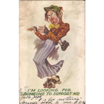 EMBOSSED COMIC - &#034;Looking for Someone to Support Me&#034; - 1907 Wife, Roller Skates